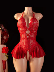 Deep V One-piece Erotic Underwear Crotchless Bodysuit 18+ Flower Lace Babydolls Nightdress Open Bra Lingerie Pajamas