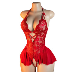 Deep V One-piece Erotic Underwear Crotchless Bodysuit 18+ Flower Lace Babydolls Nightdress Open Bra Lingerie Pajamas