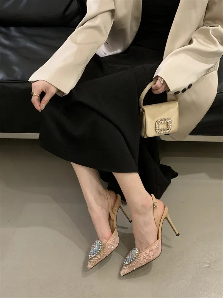 Design Crystal Diamond Silk Pointed Toe Sling-back High Heels Sandals