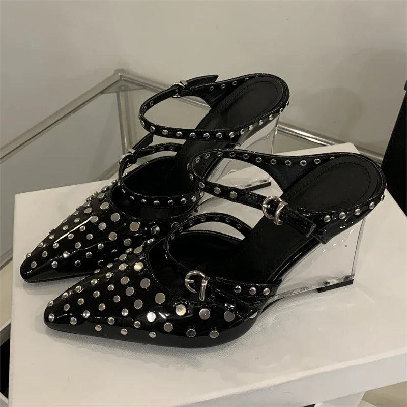 Design Rivet Crystal Wedges Narrow Band Buckle Strap High Heels Sandals