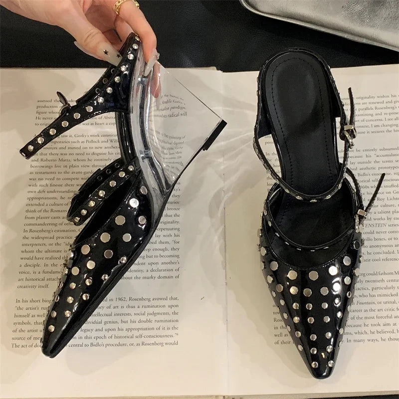 Design Rivet Crystal Wedges Narrow Band Buckle Strap High Heels Sandals