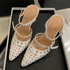 Design Rivet Crystal Wedges Narrow Band Buckle Strap High Heels Sandals