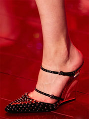 Design Rivet Crystal Wedges Narrow Band Buckle Strap High Heels Sandals