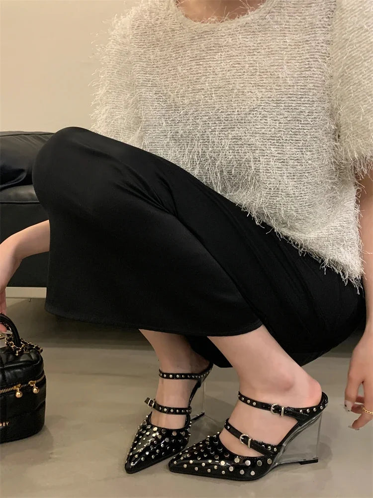 Design Rivet Crystal Wedges Narrow Band Buckle Strap High Heels Sandals
