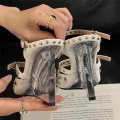 Design Rivet Crystal Wedges Narrow Band Buckle Strap High Heels Sandals