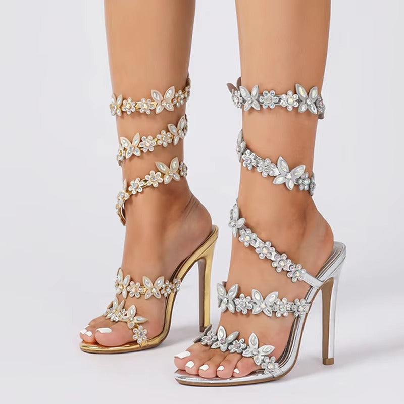 Designer Butterfly-knot Crystal Peep Toe Thin Heel Sandals