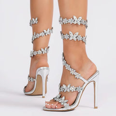 Designer Butterfly-knot Crystal Peep Toe Thin Heel Sandals