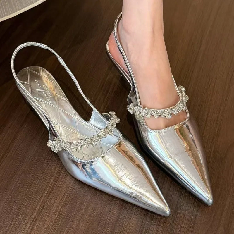 Designer Comfortable Shallow Pointed Toe Slip-on Mid-heel Sandals