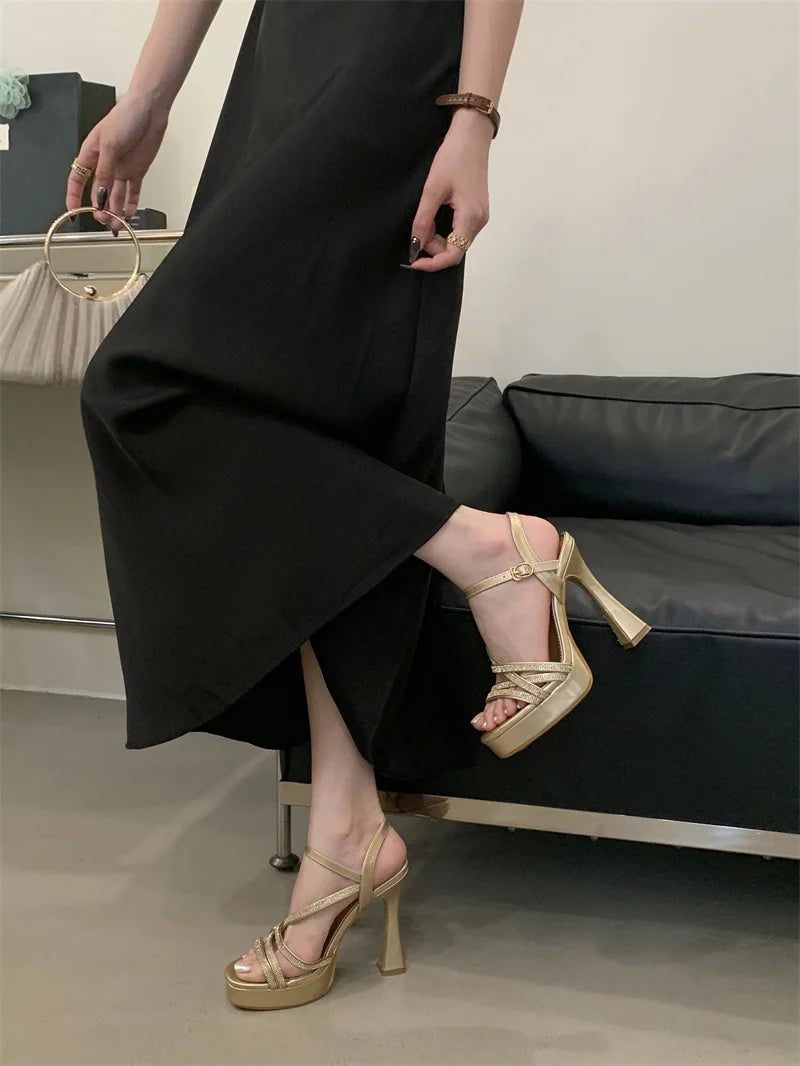 Designer Crystal Rhinestone Narrow Band Platform High Heels Sandals