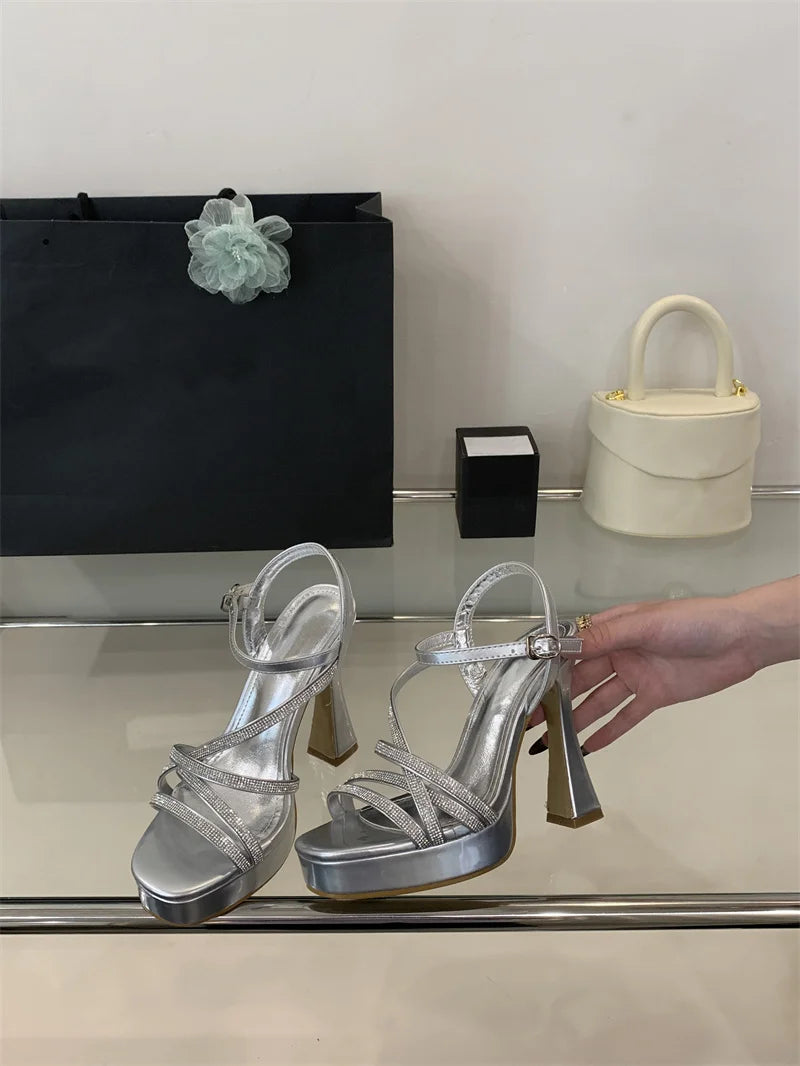 Designer Crystal Rhinestone Narrow Band Platform High Heels Sandals