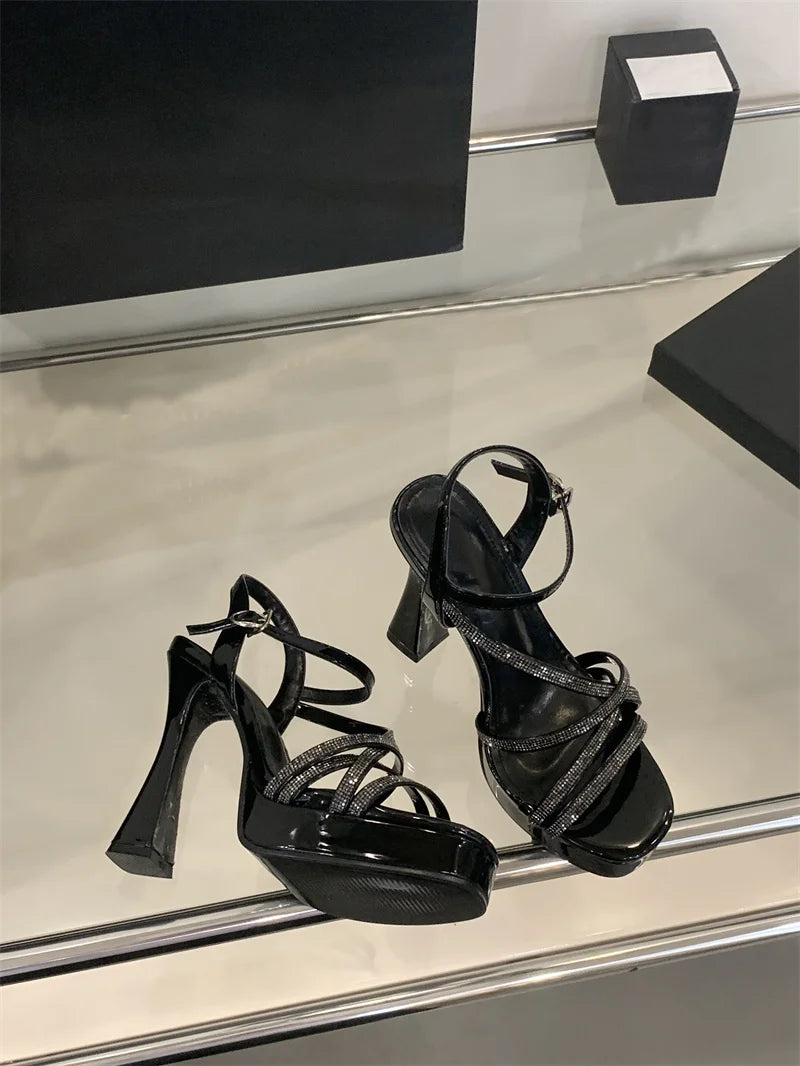 Designer Crystal Rhinestone Narrow Band Platform High Heels Sandals