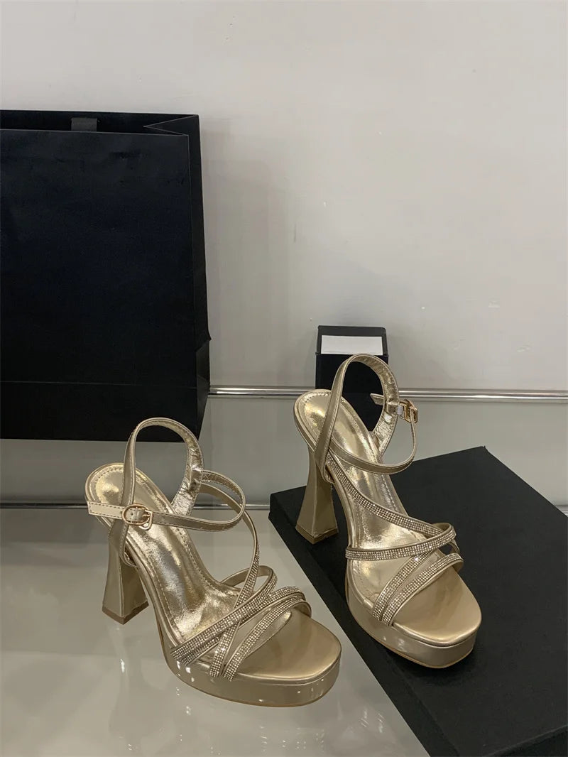Designer Crystal Rhinestone Narrow Band Platform High Heels Sandals