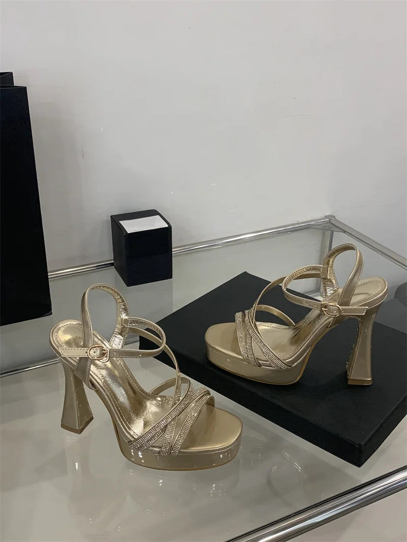 Designer Crystal Rhinestone Narrow Band Platform High Heels Sandals