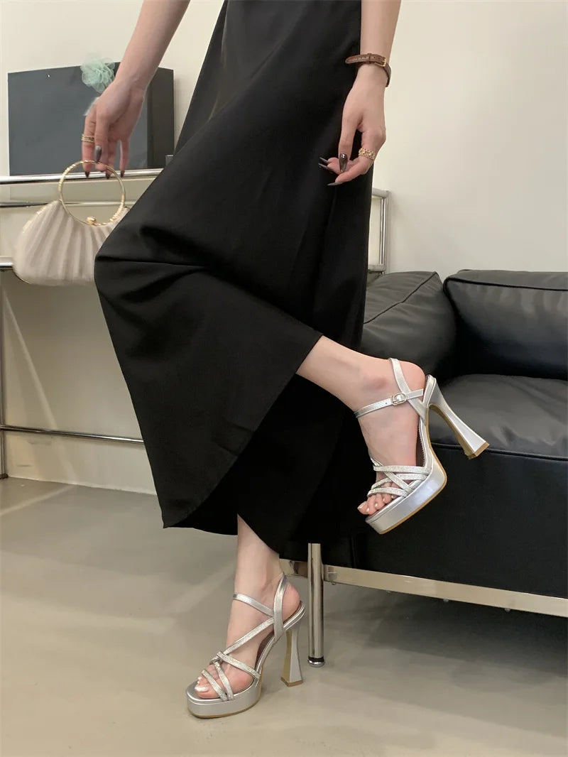 Designer Crystal Rhinestone Narrow Band Platform High Heels Sandals