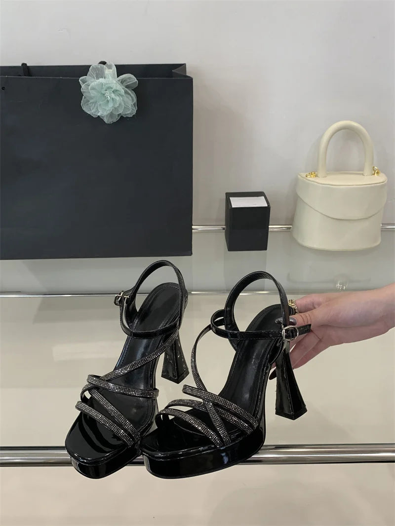 Designer Crystal Rhinestone Narrow Band Platform High Heels Sandals