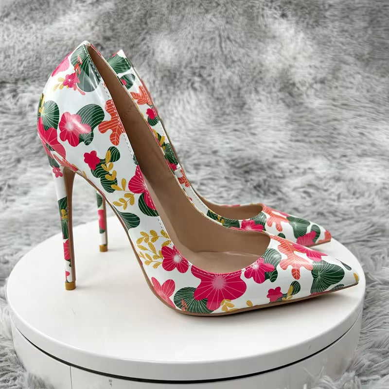 Designer Flowers Printed Pointy Toe Stiletto Pumps High Heel