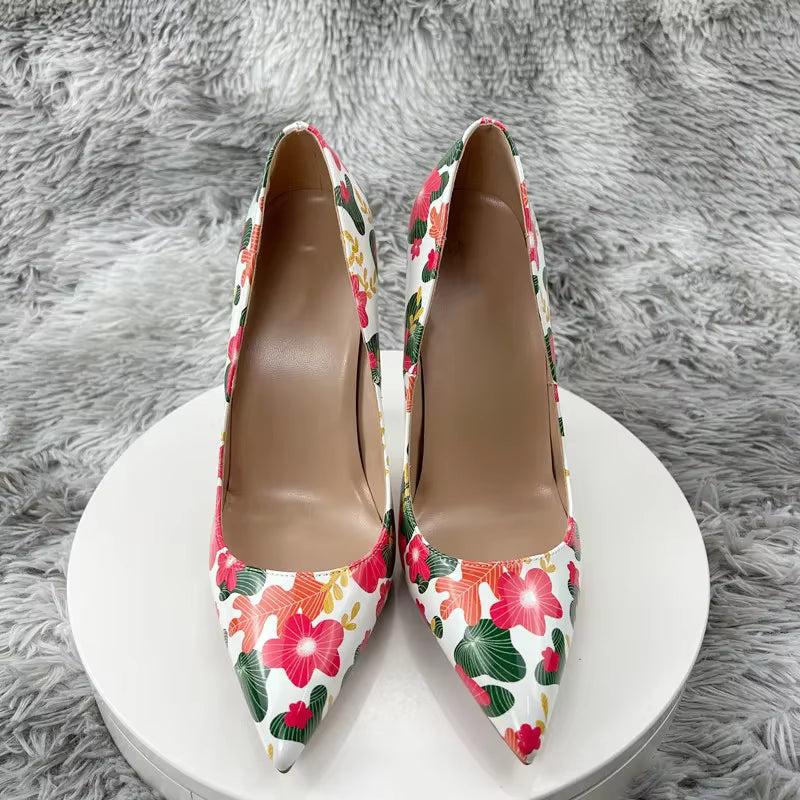 Designer Flowers Printed Pointy Toe Stiletto Pumps High Heel