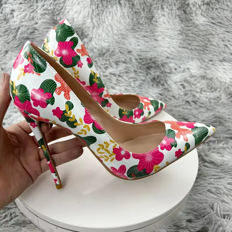 Designer Flowers Printed Pointy Toe Stiletto Pumps High Heel