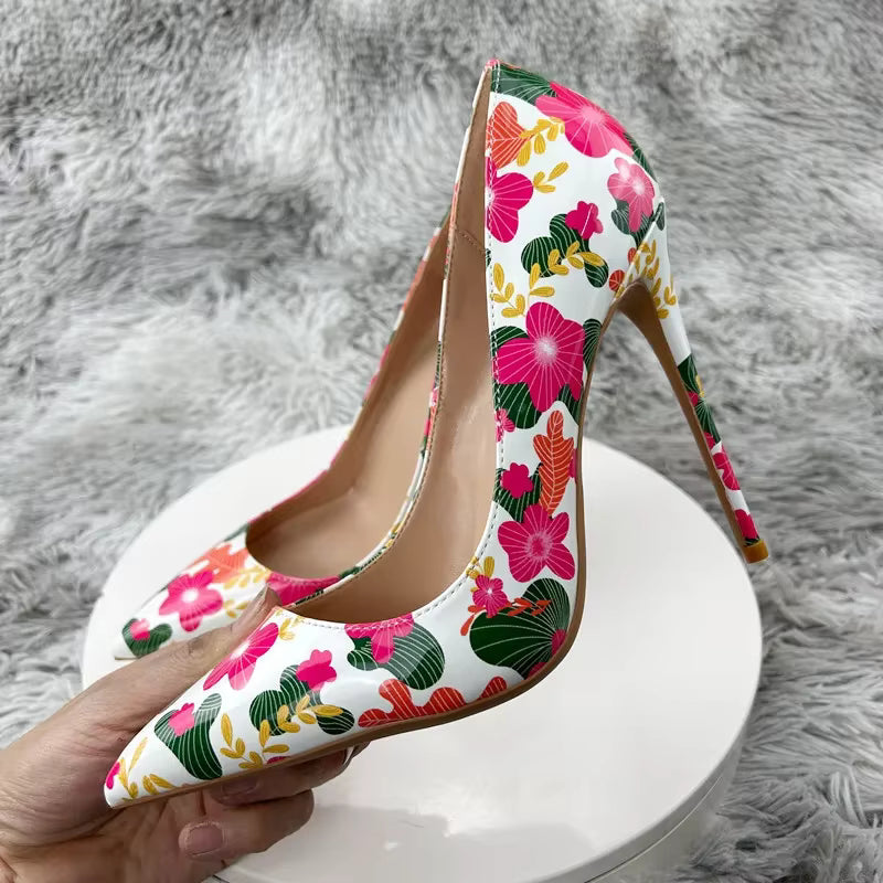 Designer Flowers Printed Pointy Toe Stiletto Pumps High Heel