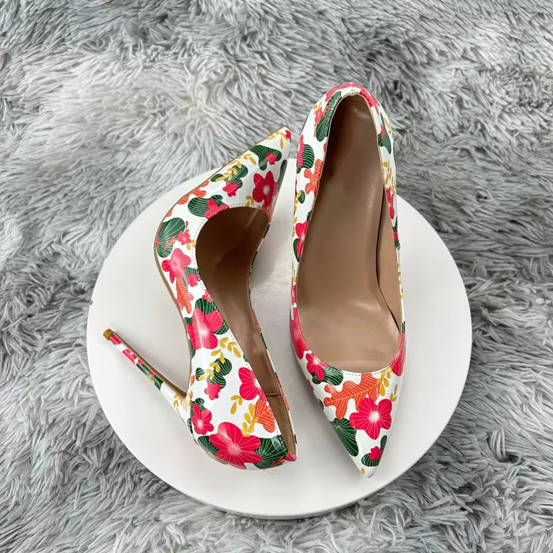 Designer Flowers Printed Pointy Toe Stiletto Pumps High Heel