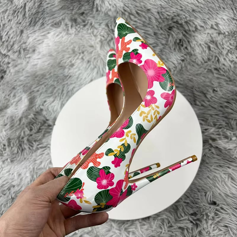 Designer Flowers Printed Pointy Toe Stiletto Pumps High Heel