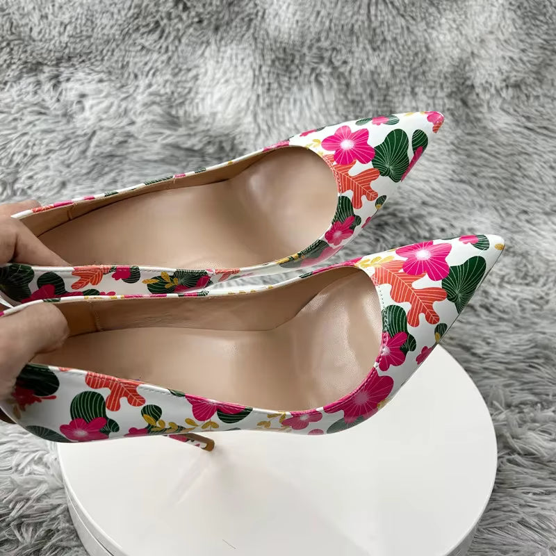 Designer Flowers Printed Pointy Toe Stiletto Pumps High Heel