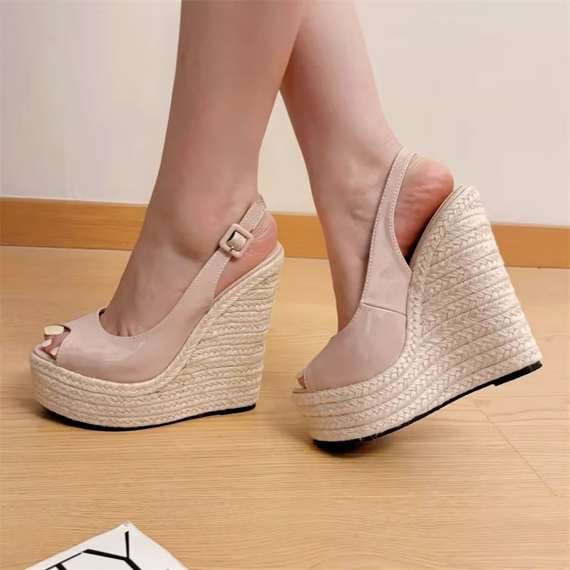 Designer Straw Weave Buckle Strap High Heels Banquet Peep Toe Wedges Platform Sandals