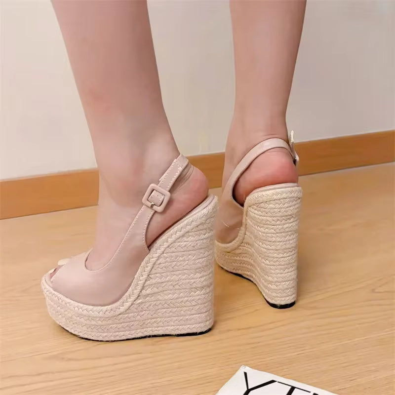 Designer Straw Weave Buckle Strap High Heels Banquet Peep Toe Wedges Platform Sandals