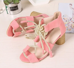 Designer Weave Ankle Lace Slides Open Toe Chunky High Heels Sandals