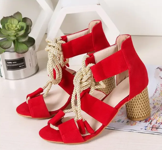 Designer Weave Ankle Lace Slides Open Toe Chunky High Heels Sandals