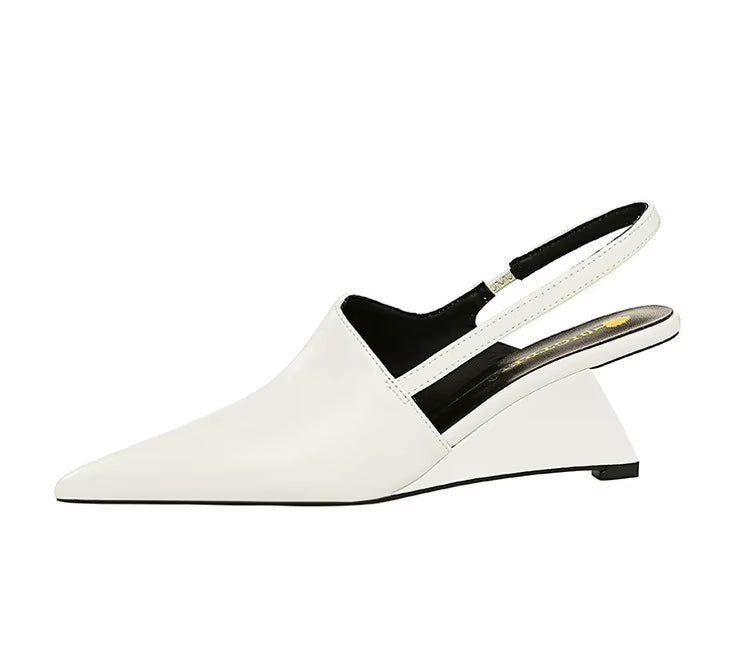 Designer Wedge Heels Shoes Hollow Back Strap Pointed Tip Pumps Sandals