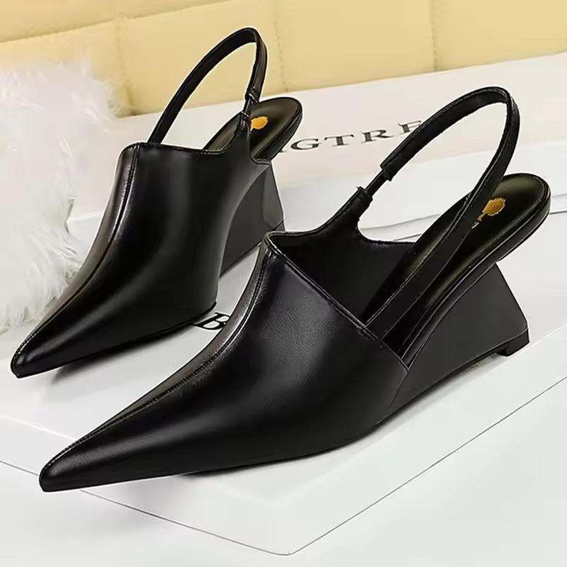 Designer Wedge Heels Shoes Hollow Back Strap Pointed Tip Pumps Sandals