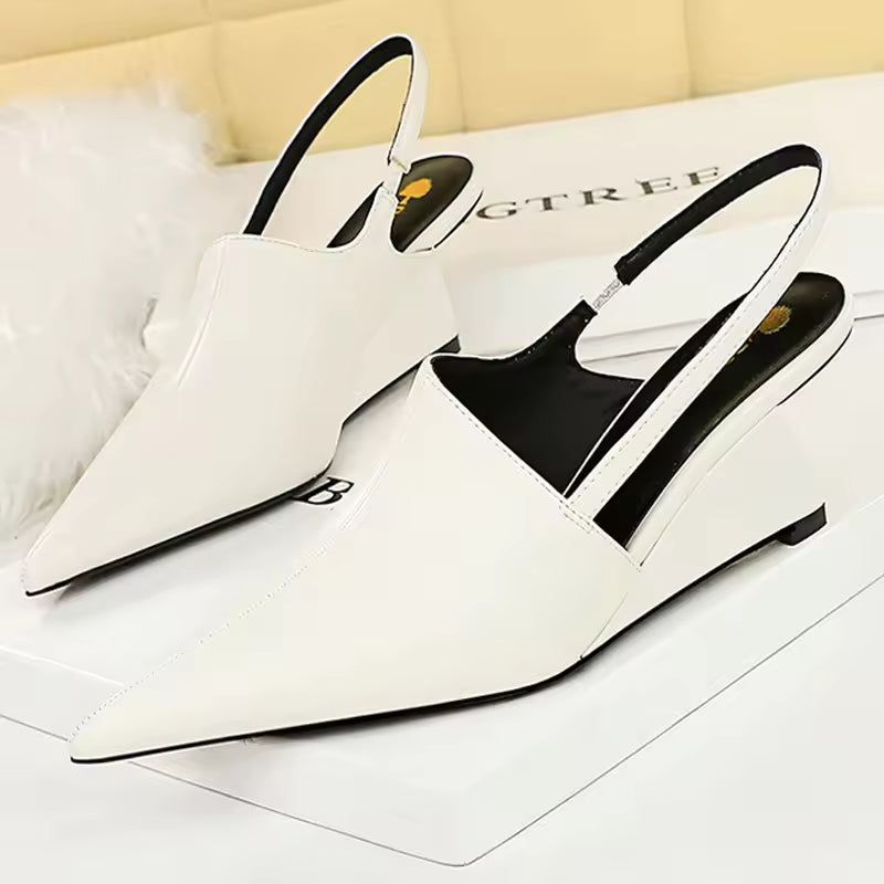 Designer Wedge Heels Shoes Hollow Back Strap Pointed Tip Pumps Sandals