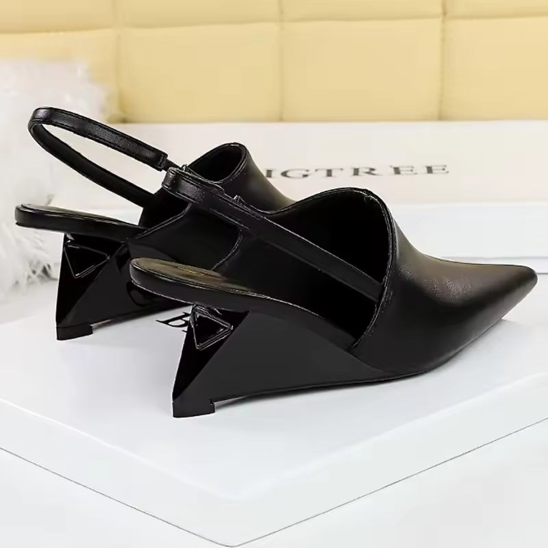 Designer Wedge Heels Shoes Hollow Back Strap Pointed Tip Pumps Sandals