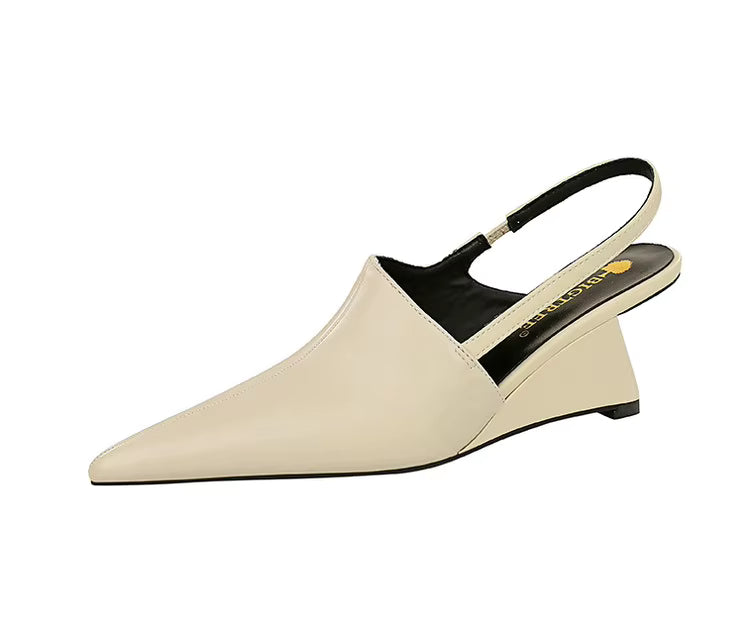 Designer Wedge Heels Shoes Hollow Back Strap Pointed Tip Pumps Sandals