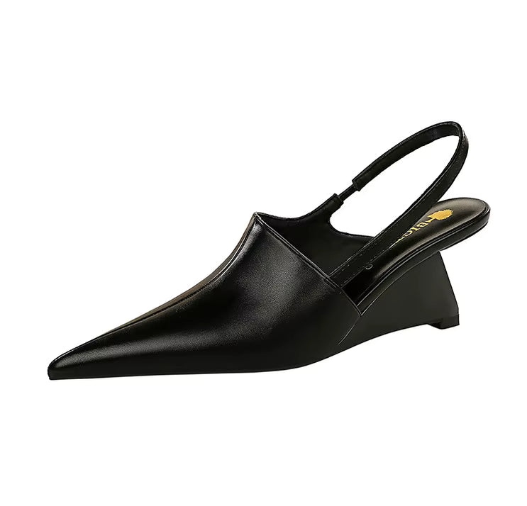 Designer Wedge Heels Shoes Hollow Back Strap Pointed Tip Pumps Sandals