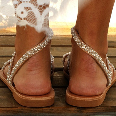 Diagonally-Wrapped Strappy Sandals Miniature Pearls Toe Strap