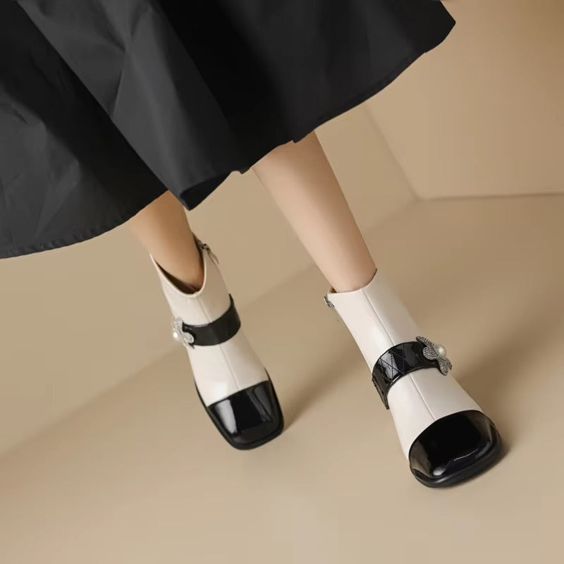 Diamond Pearl Flower Color Block Leather Mid Heel Zipper Chelsea Short Boots