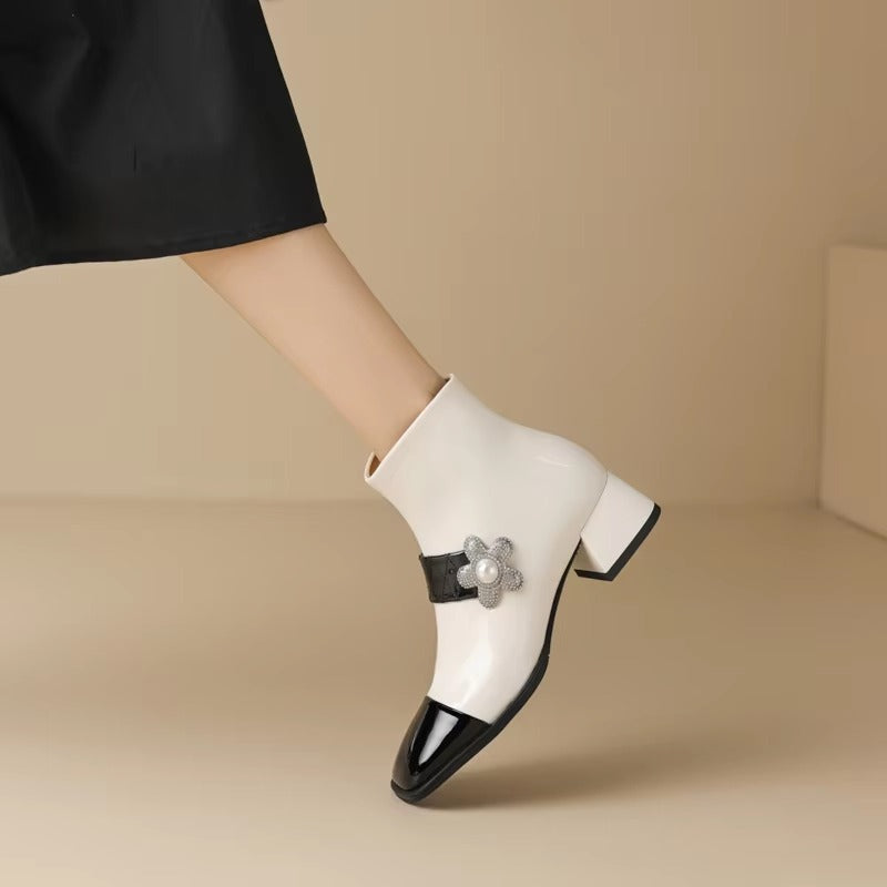 Diamond Pearl Flower Color Block Leather Mid Heel Zipper Chelsea Short Boots
