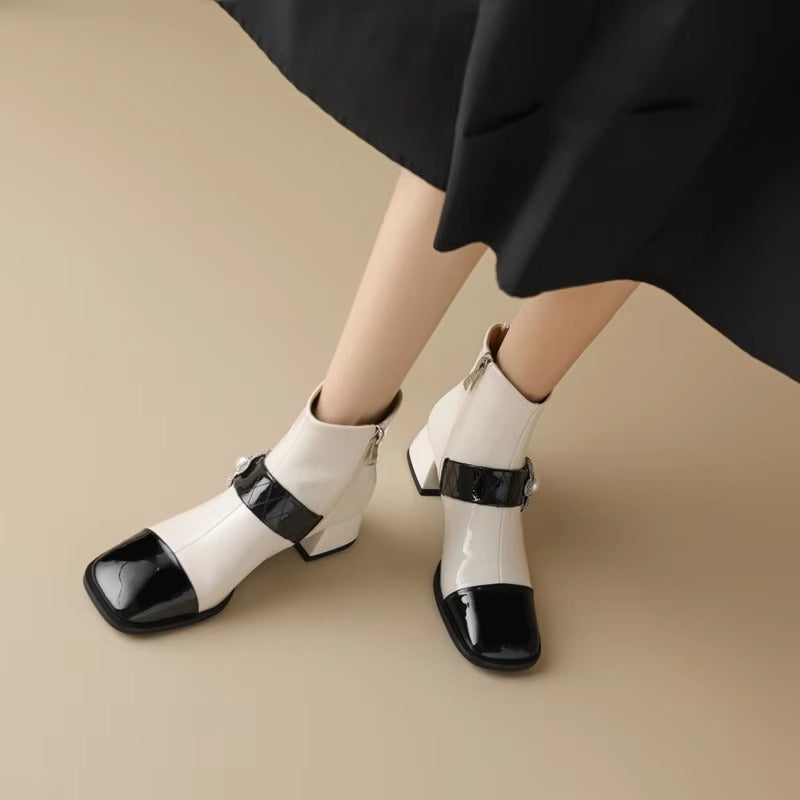 Diamond Pearl Flower Color Block Leather Mid Heel Zipper Chelsea Short Boots