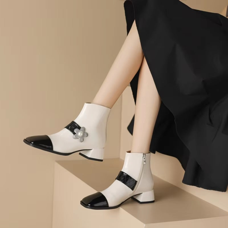 Diamond Pearl Flower Color Block Leather Mid Heel Zipper Chelsea Short Boots