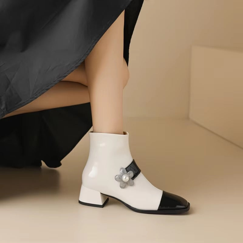 Diamond Pearl Flower Color Block Leather Mid Heel Zipper Chelsea Short Boots