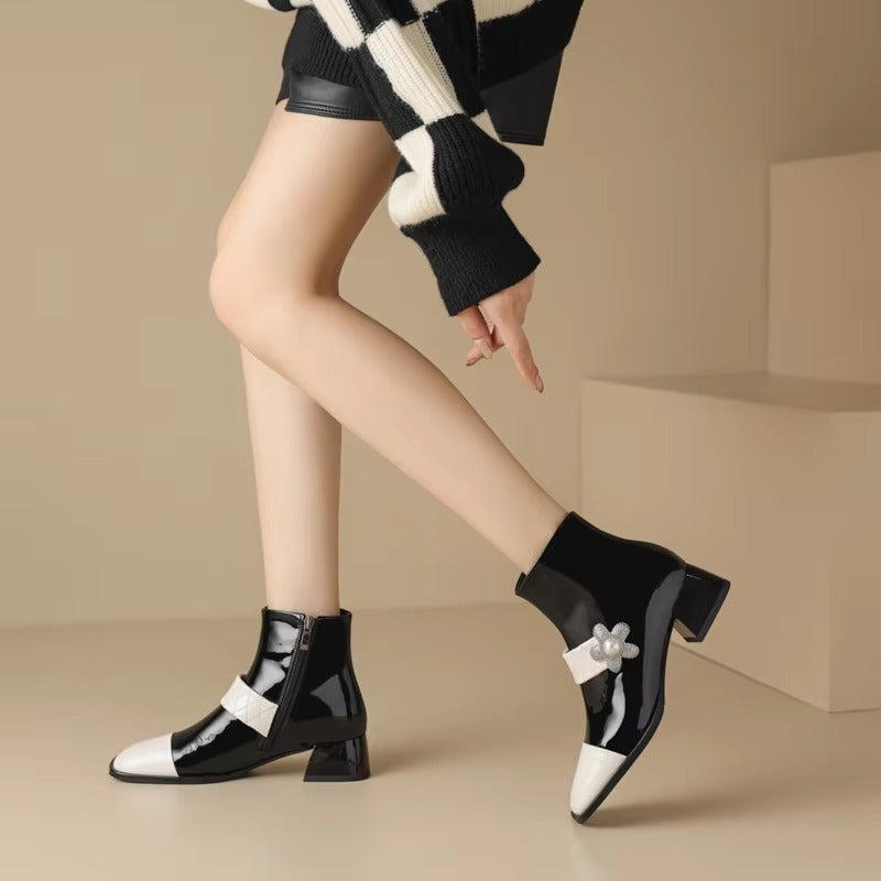 Diamond Pearl Flower Color Block Leather Mid Heel Zipper Chelsea Short Boots
