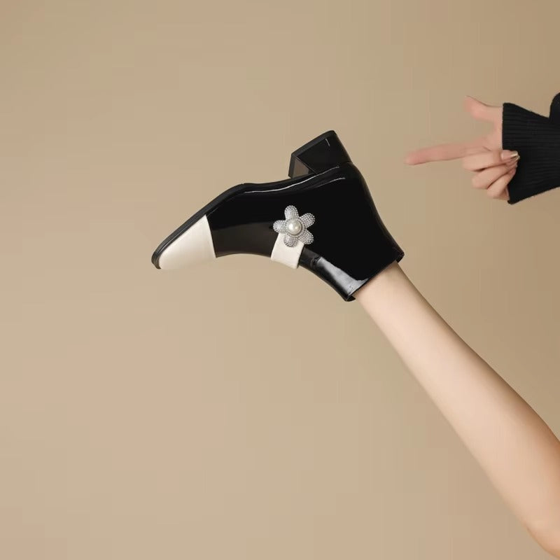 Diamond Pearl Flower Color Block Leather Mid Heel Zipper Chelsea Short Boots