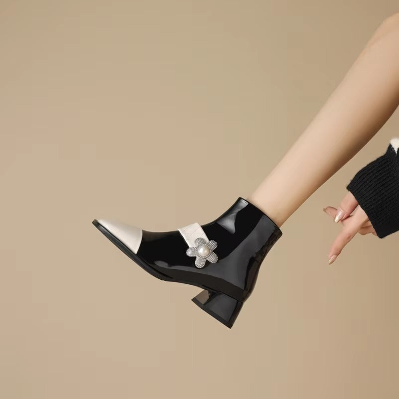 Diamond Pearl Flower Color Block Leather Mid Heel Zipper Chelsea Short Boots