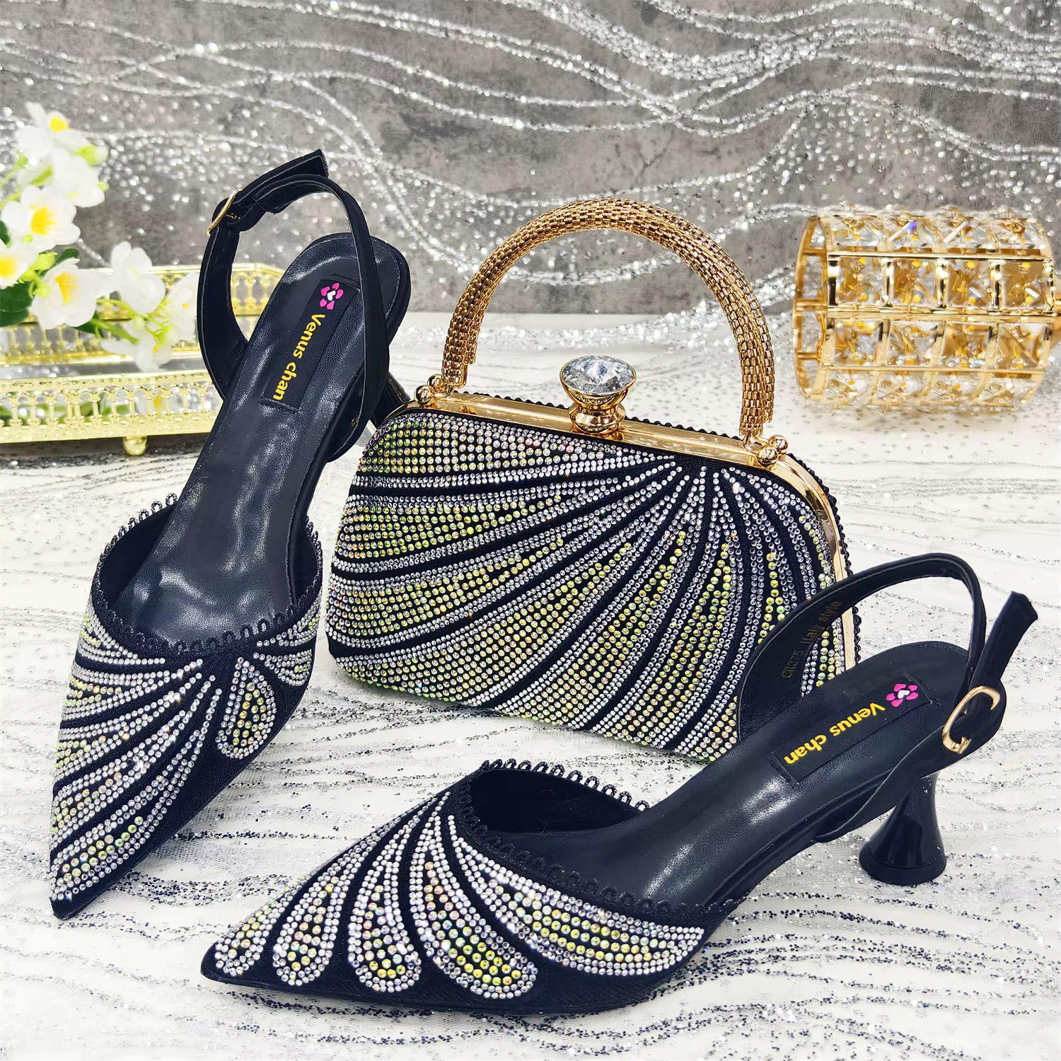 Diamond Studded Pointed Toe Party High Heels Gorgeous Shoes and Bag