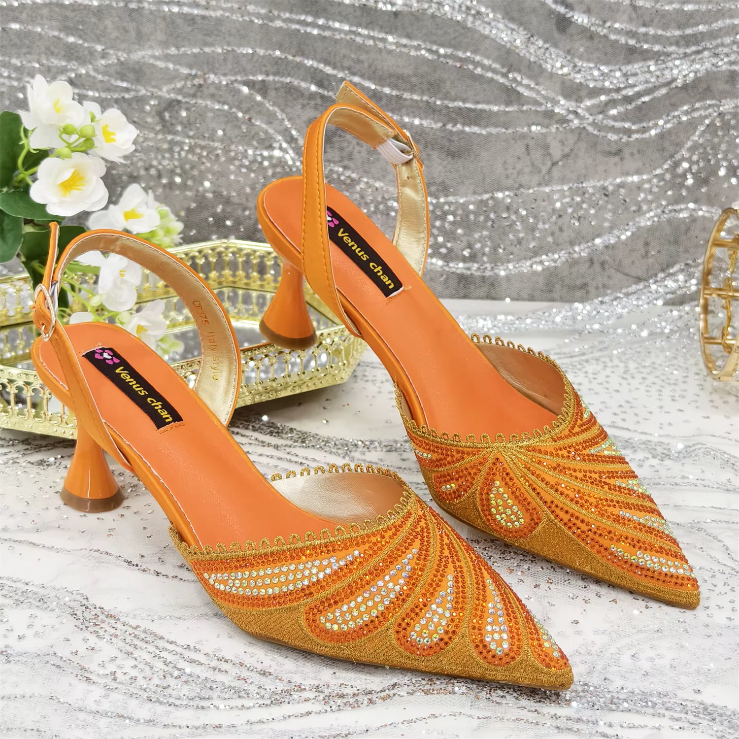 Diamond Studded Pointed Toe Party High Heels Gorgeous Shoes and Bag