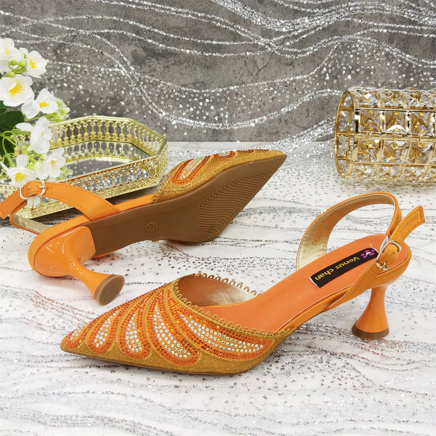 Diamond Studded Pointed Toe Party High Heels Gorgeous Shoes and Bag