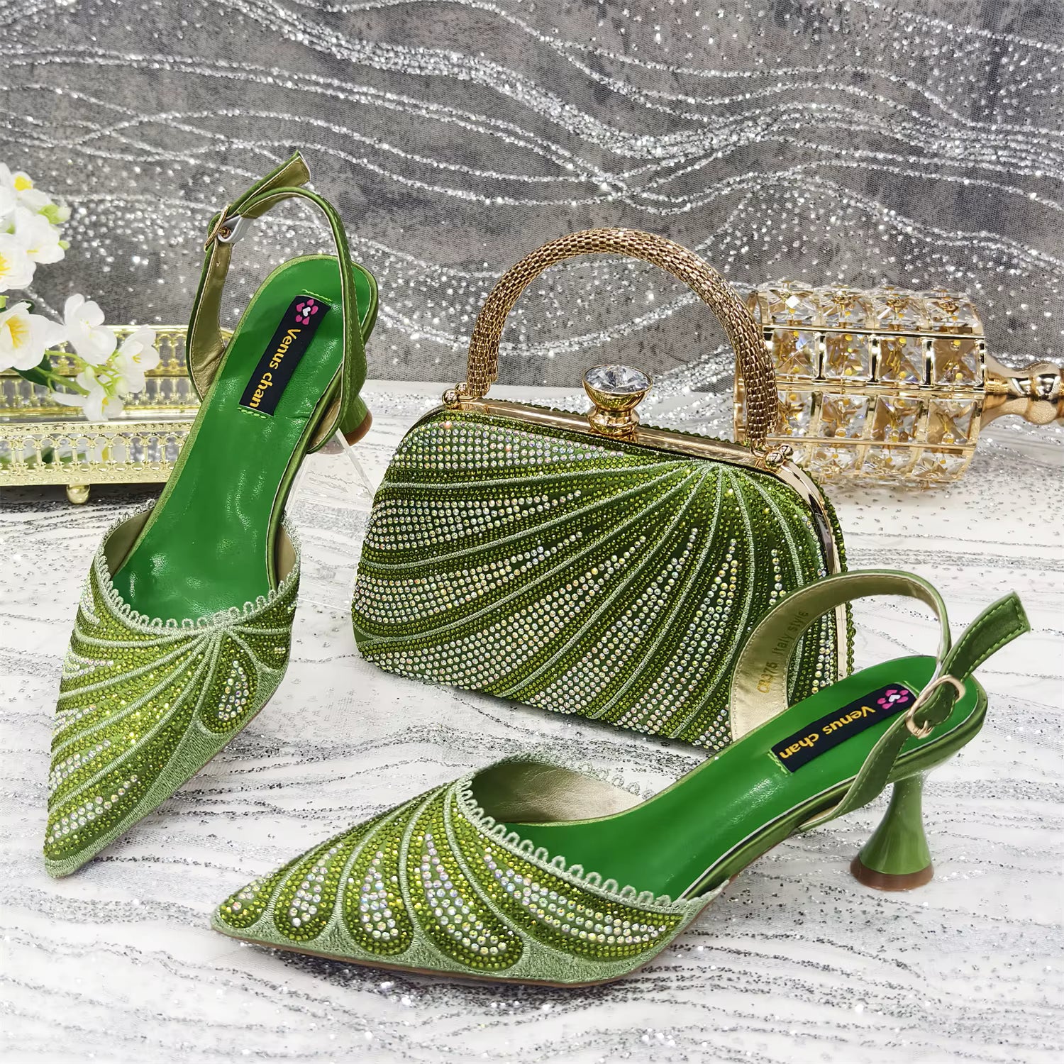 Diamond Studded Pointed Toe Party High Heels Gorgeous Shoes and Bag