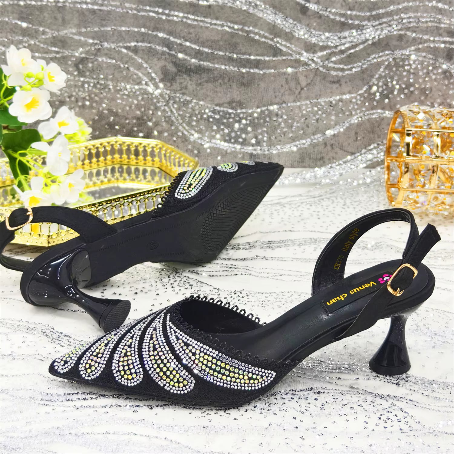 Diamond Studded Pointed Toe Party High Heels Gorgeous Shoes and Bag